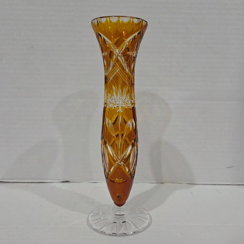 Vintage Amber Cut to Clear Crystal Bud Vase Starburst Pattern 8.25 Inch Tall